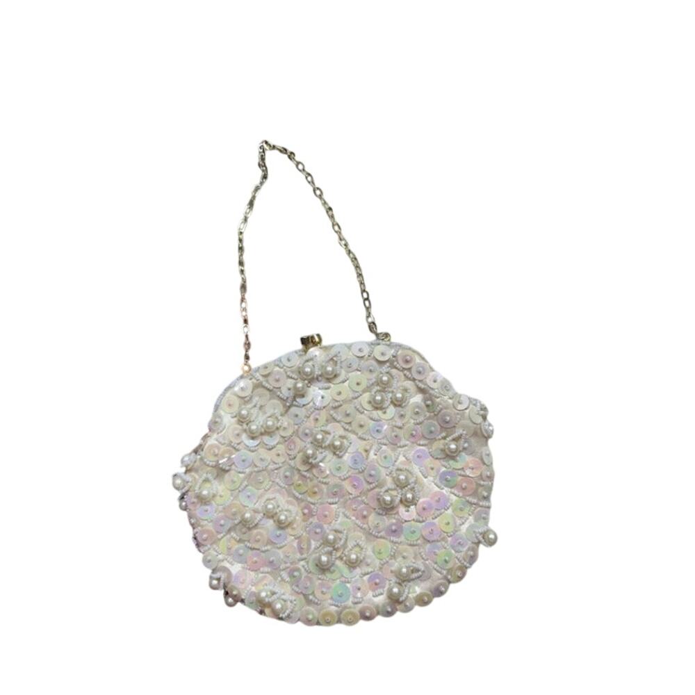 Vintage neutral white chain strap sequins pearl beaded mini handbag purse